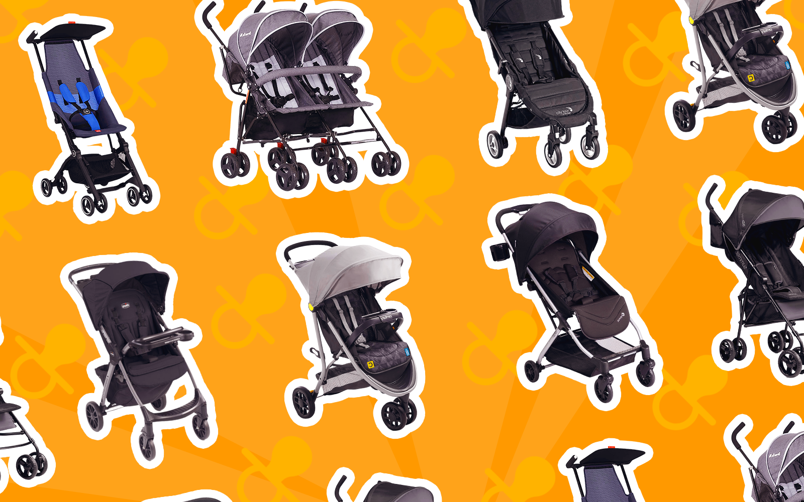 Image of several of the best travel strollers in a layflat image on an orange background