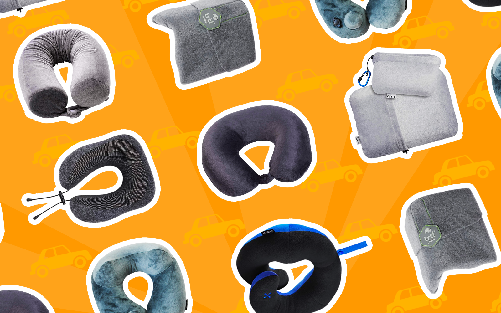 Image of several of the best travel pillows in a layflat image on an orange background
