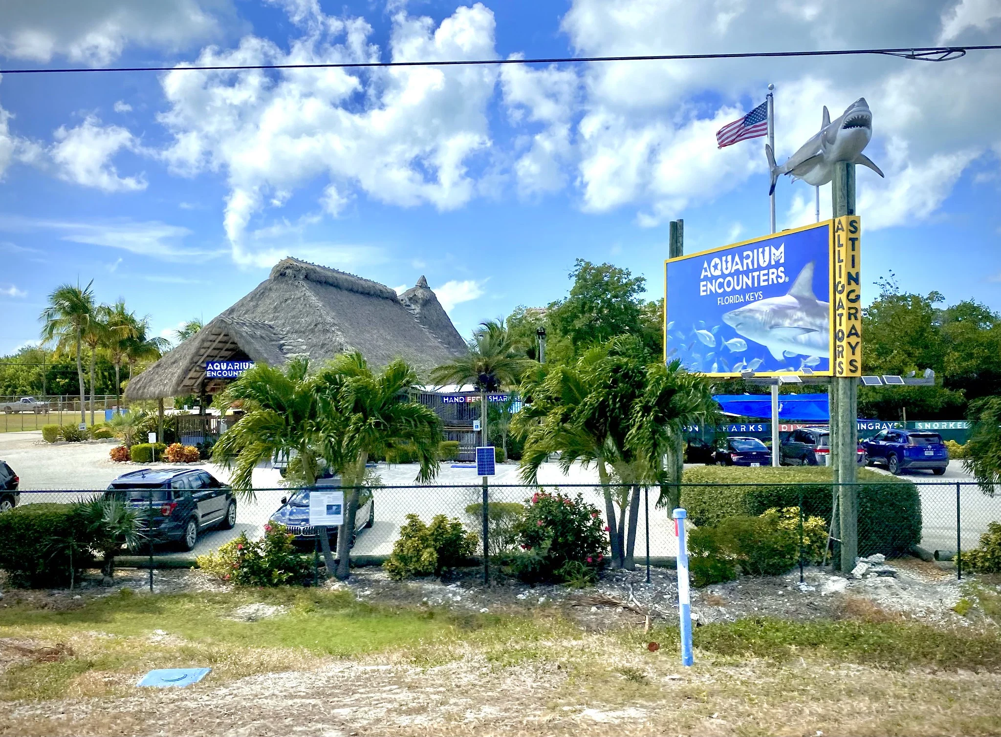 Exterior of Florida Keys Aquarium Encounters, known as one of the best aquariums in Florida, with parked cars and a shark figure above a signage 