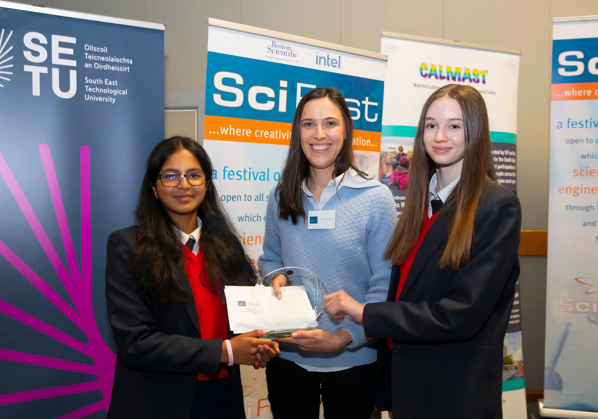 A plaque awarded to two students on their uniform at the SciFest in South East Technological University, one of the best universities in Ireland
