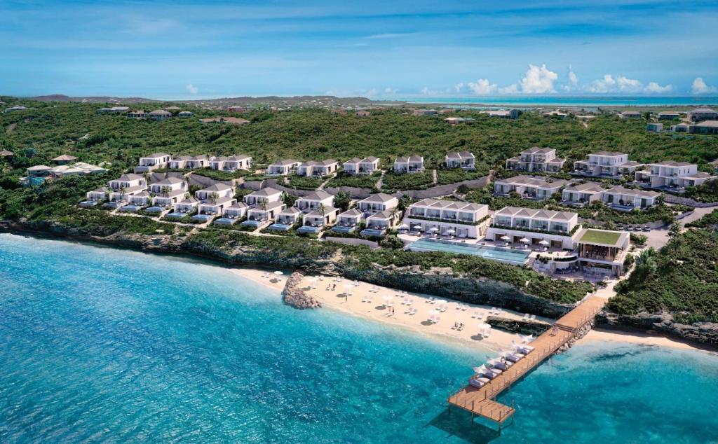 Aerial view of the neat hillside villas at one of the best resorts in Turks and Caicos, Rock House