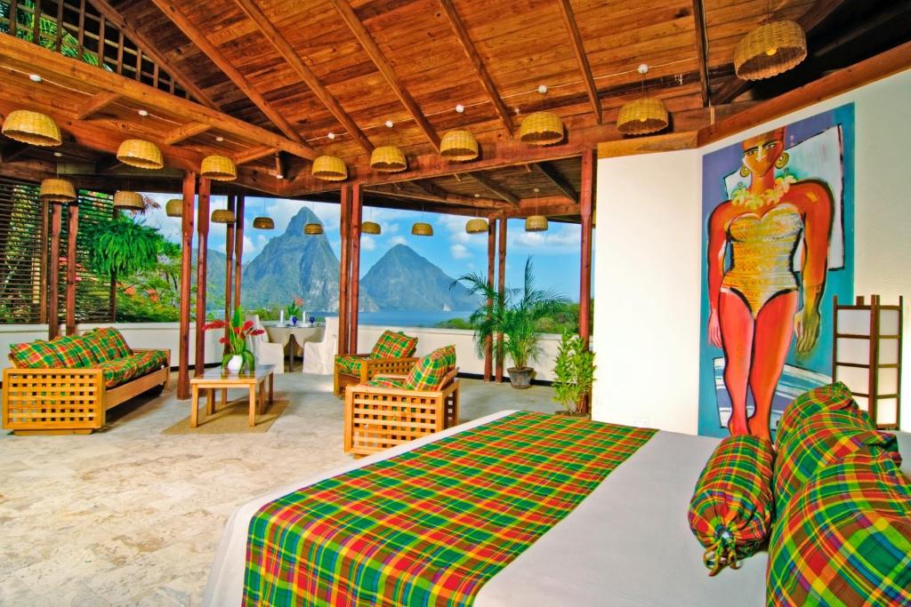 Anse Chastanet Resort, one of the best resorts in Saint Lucia, pictured from the bed view looking at the ocean