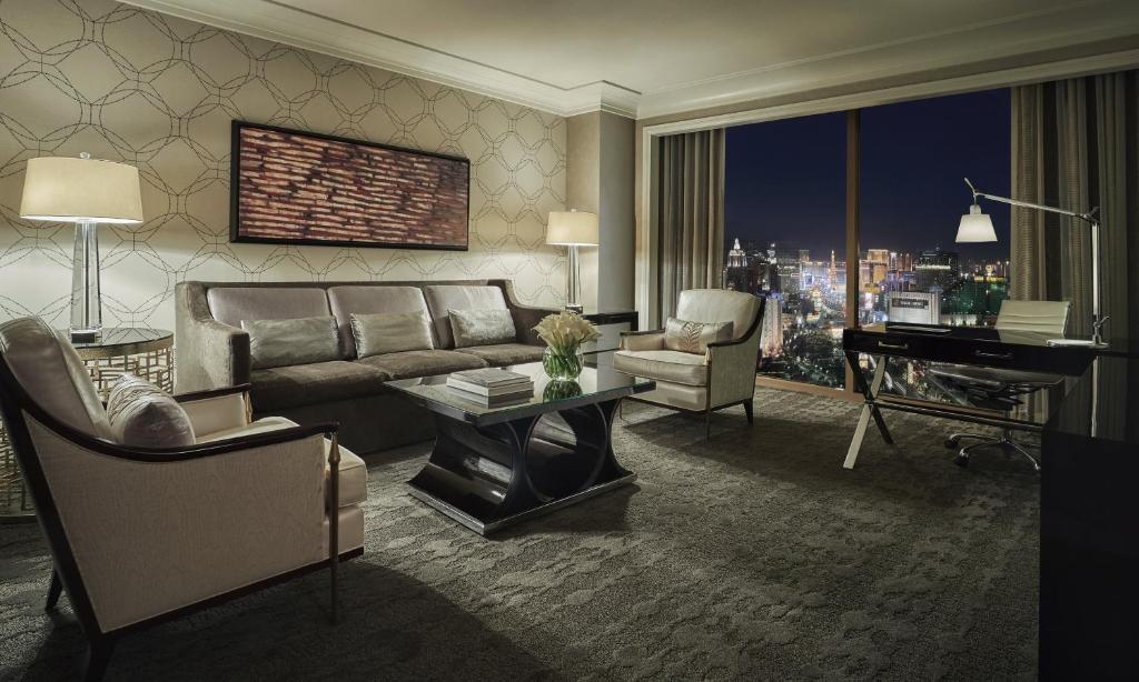 Living room of a room in one of the best hotels in Vegas, the Four Seasons