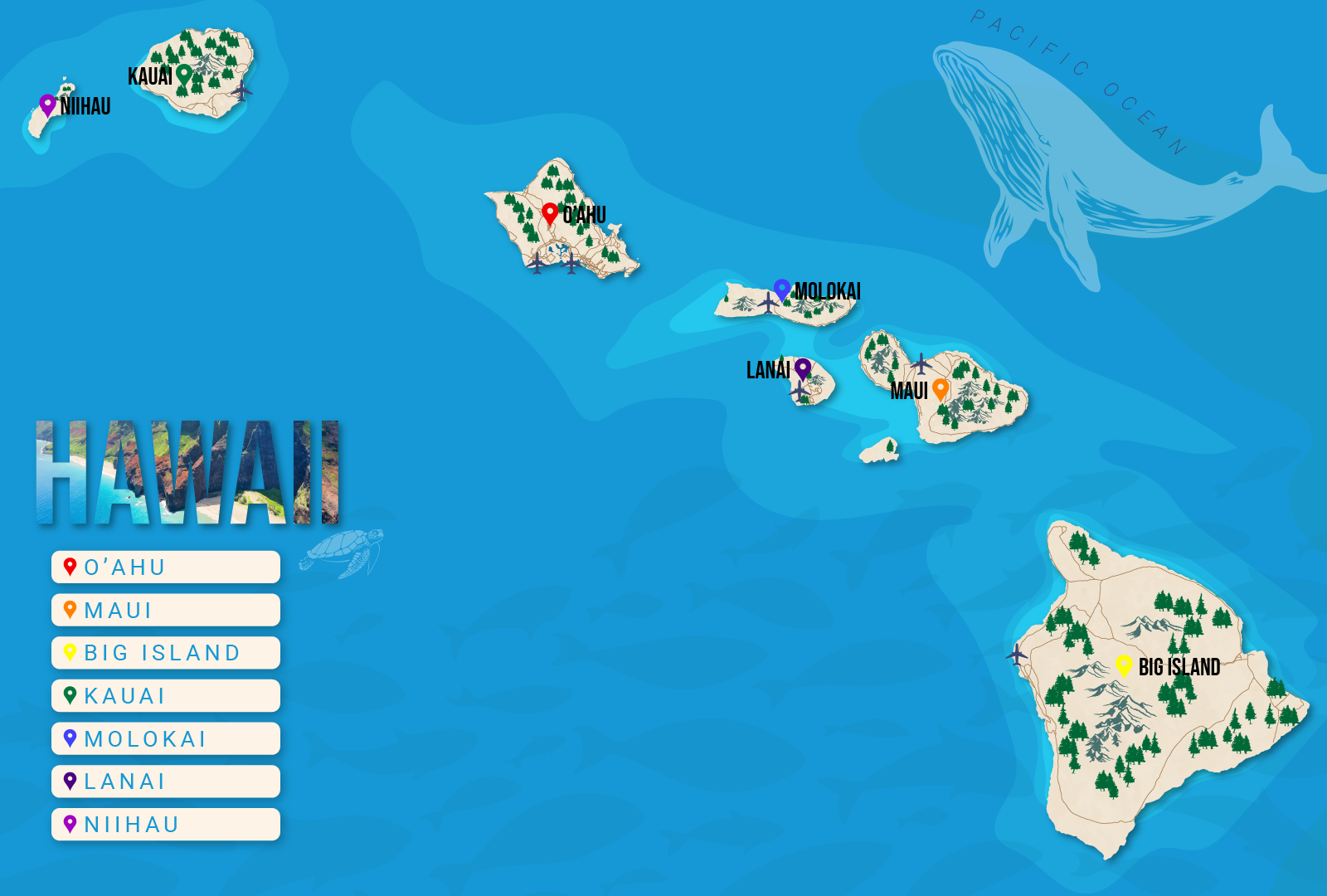 Custom map of the Hawaiian islands in graphic form with the 7 islands labeled for a piece on where to stay in Hawaii
