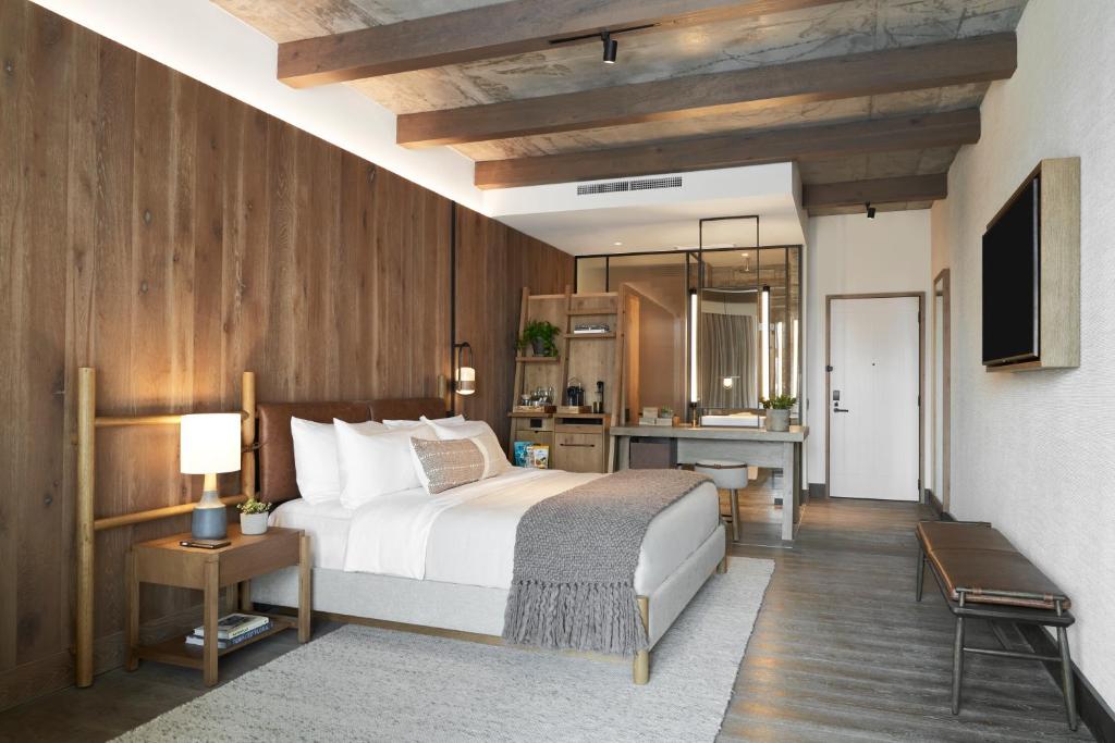 Neat boho-style room at 1 Hotel Nashville, one of our picks for the best hotels in Nashville