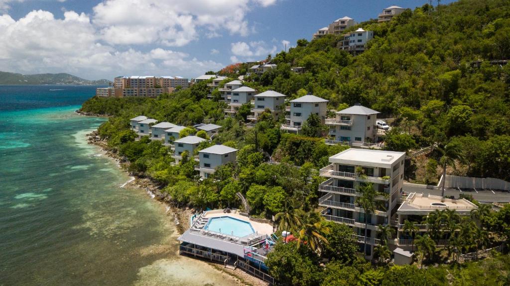 Point Pleasant Resort, one of the best resorts in St Thomas, pictured from the air looking at the hillside villas