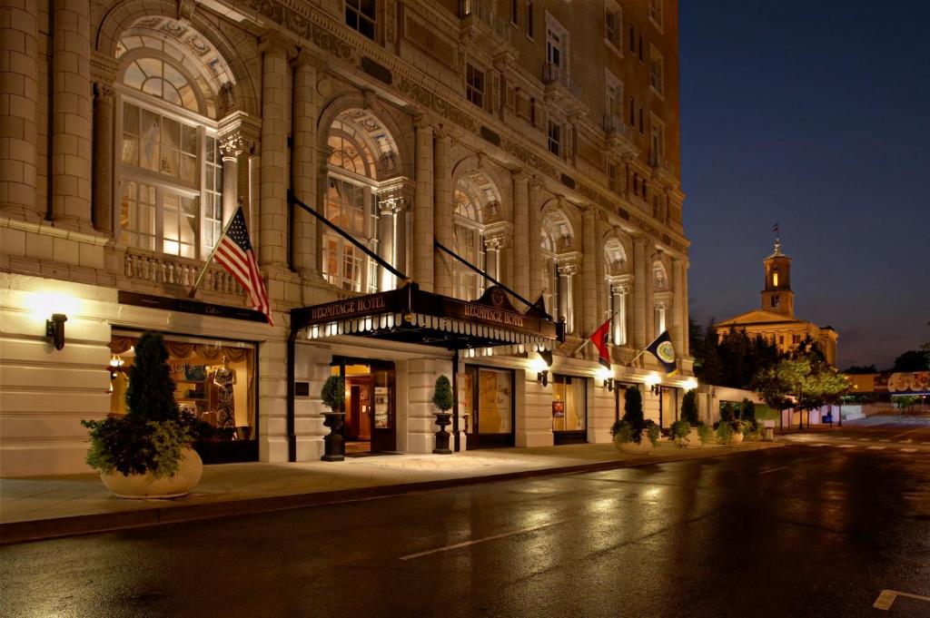 The Hermitage Hotel, one of the best hotels in Nashville, pictured from the outside of the entrance