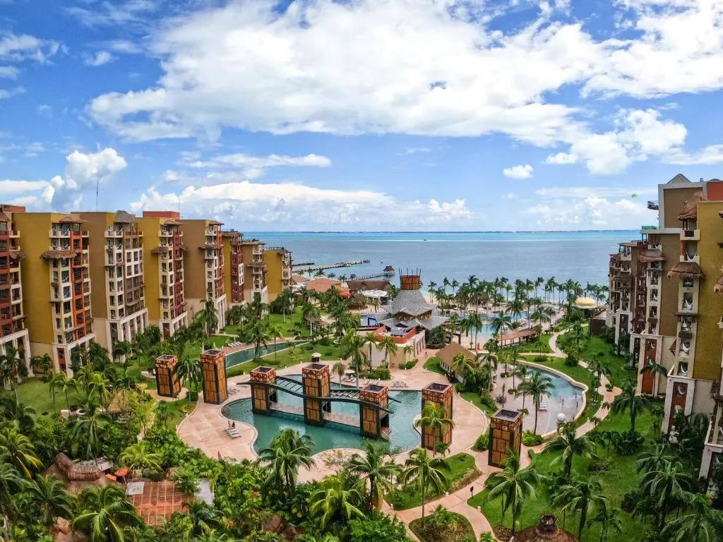 Villa Del Palmar Cancun, one of the best all-inclusive resorts in Cancun, pictured looking over the pool toward the ocean