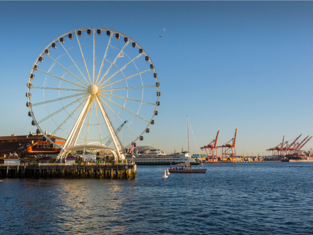 Seattle Great Wheel as viewed from the bay, one of the best things to do in Seattle
