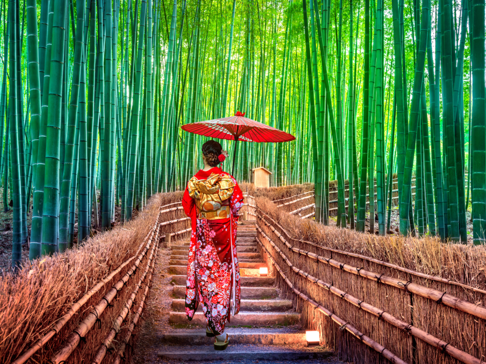 Woman with a paper umbrella in a bamboo forest in Kyoto, one of the best places to visit in Japan