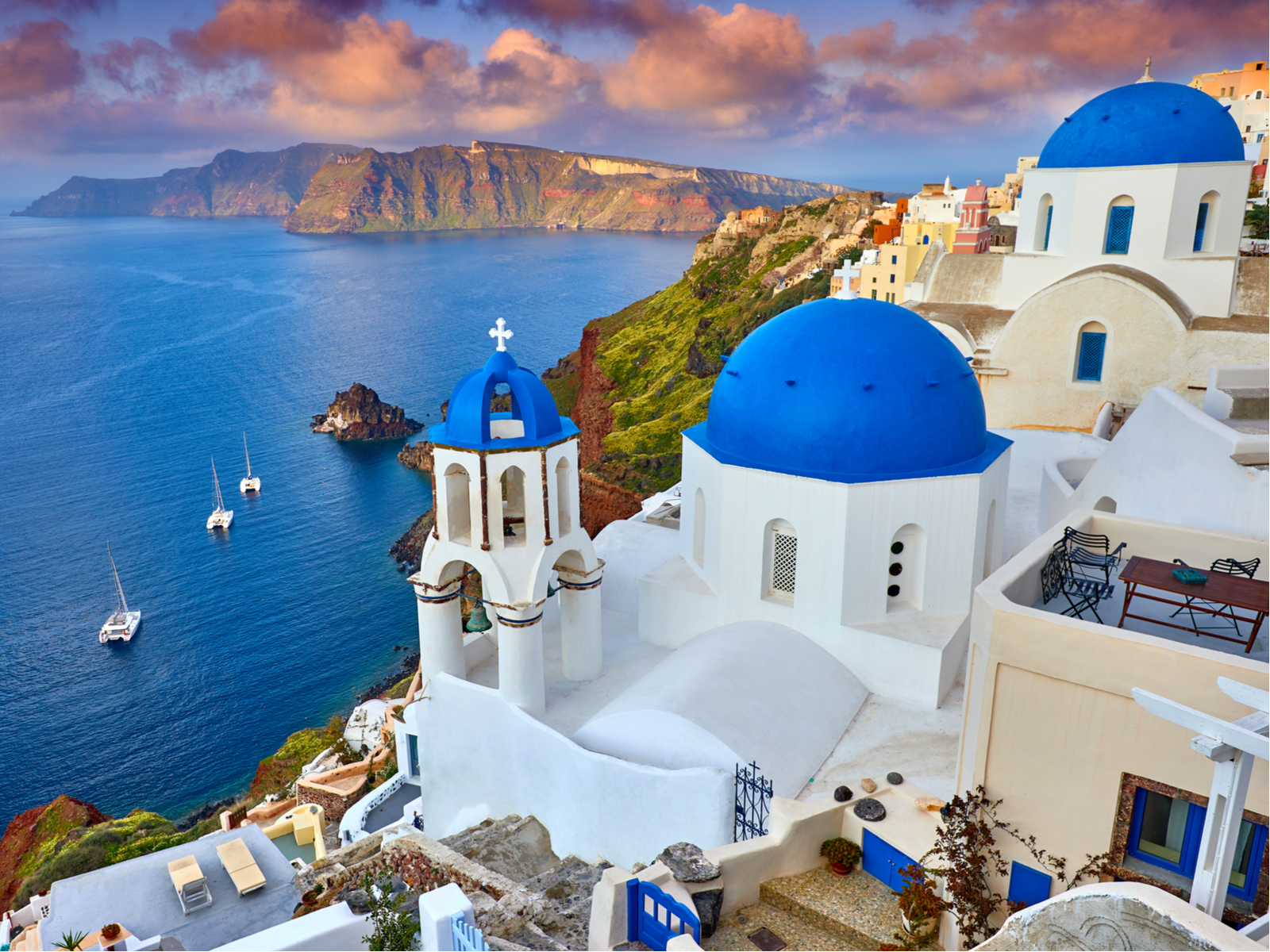 Santorini, one of the best island vacations, pictured from the top of the hill