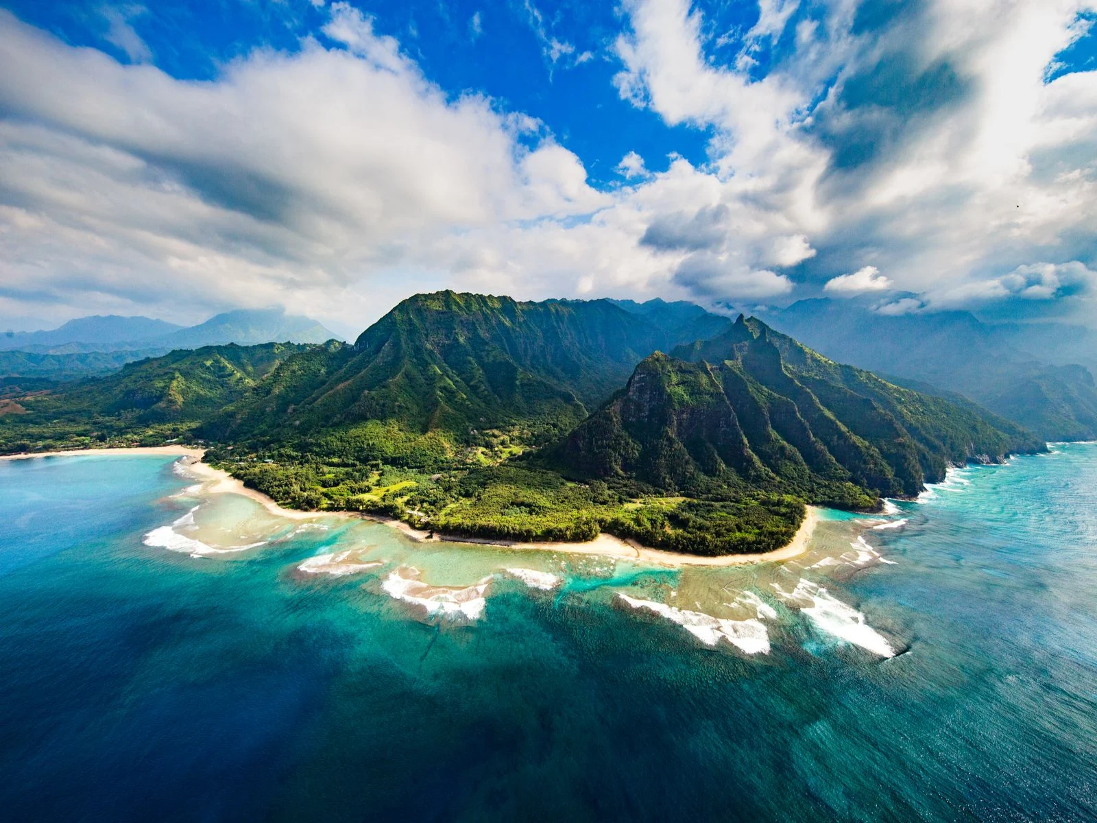 Gorgeous aerial shot of the Na Pali Coast on one of the best Hawaiian Islands, Kauai