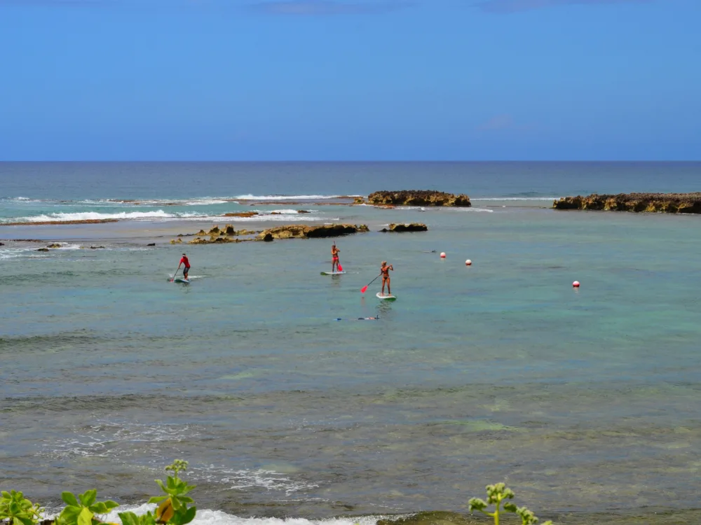 Three people paddle boarding and two snorkeling at the rocky Kuilima Cove, one of the best snorkeling spots in Hawaii
