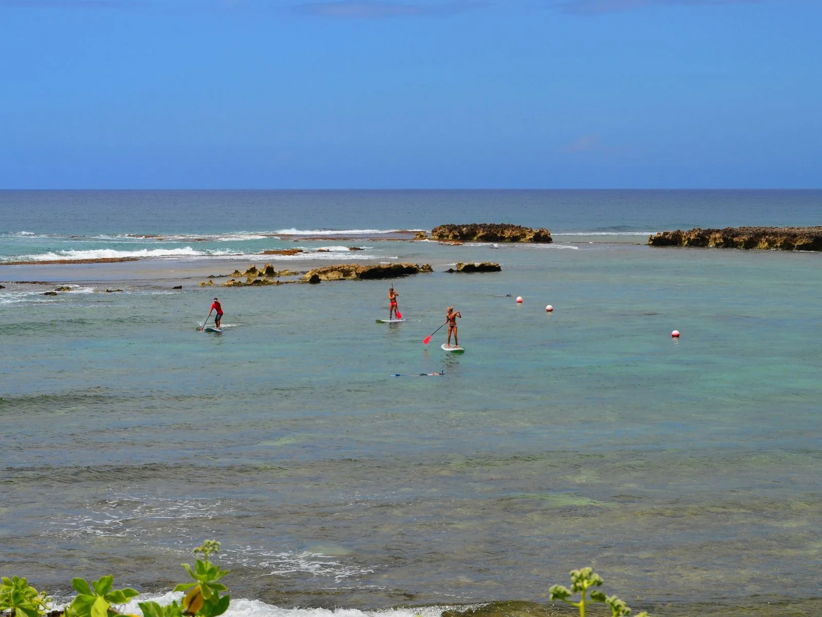 Three people paddle boarding and two snorkeling at the rocky Kuilima Cove, one of the best snorkeling spots in Hawaii