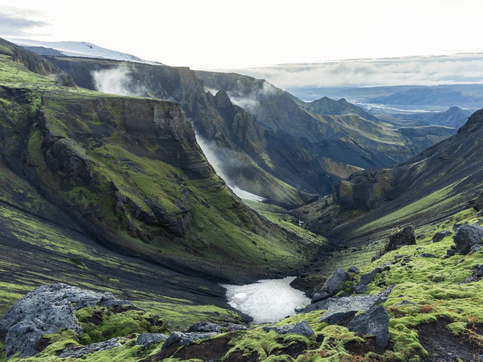 Fimmvorduhals Volcano, one of the best hikes in Iceland, as viewed from the top in the Summer