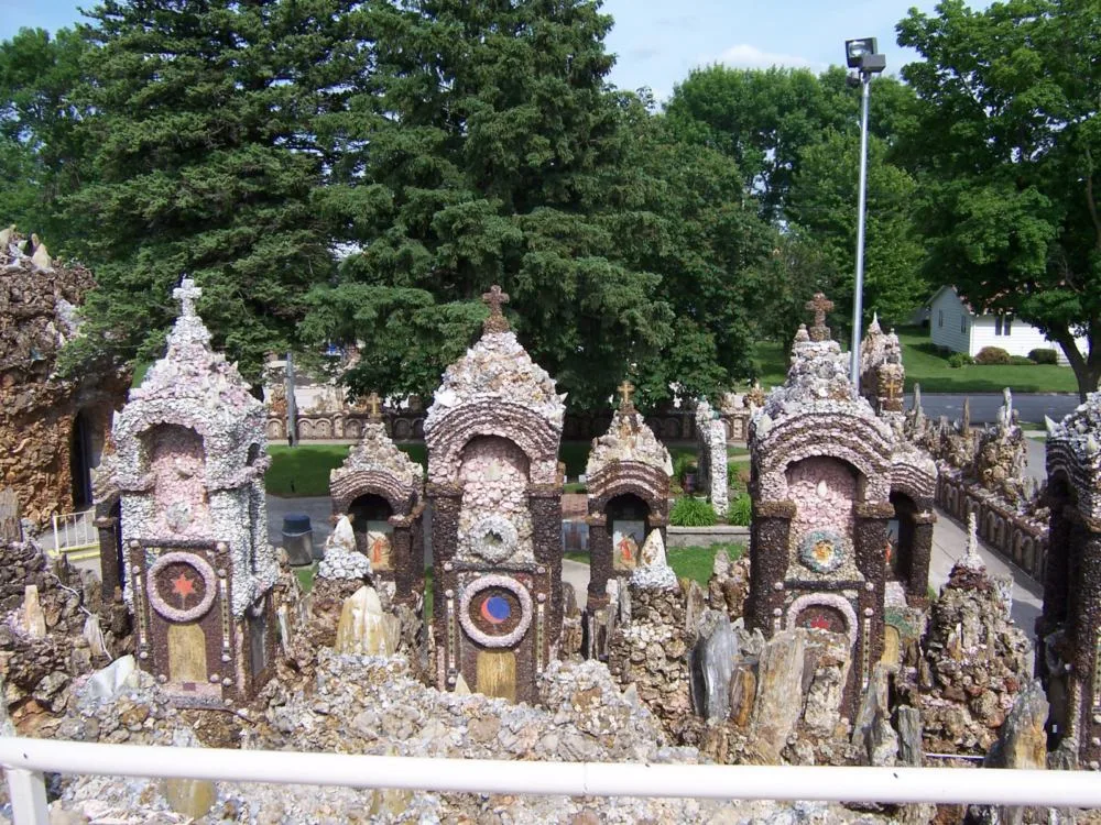 Rough stony religious pillars at Grotto of the Redemption, a piece on what to see in Iowa