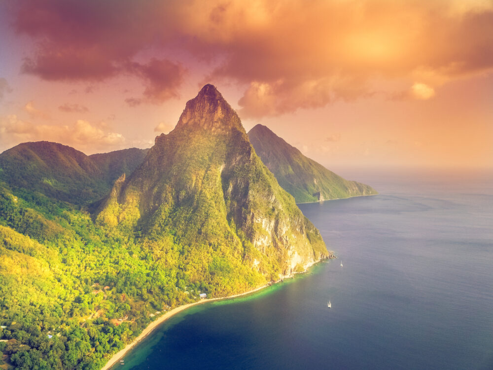 Dusk aerial view of one of the island of St. Lucia, one of the best places to visit in the Caribbean