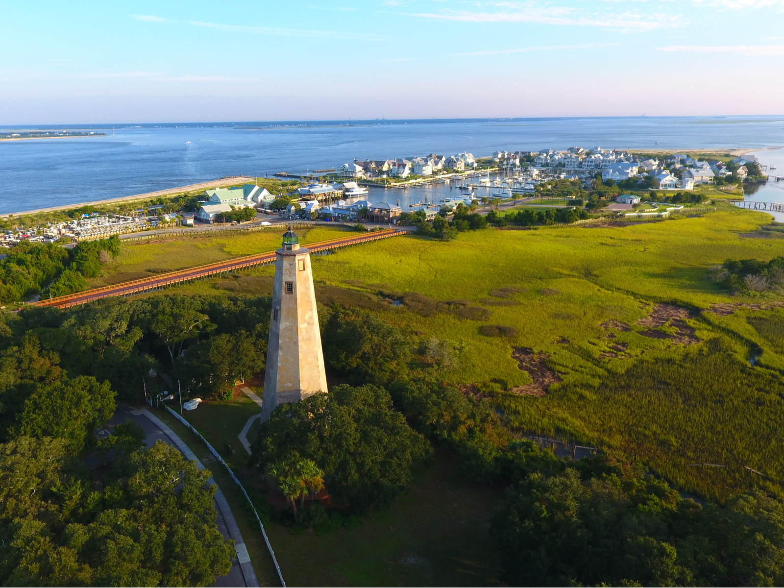 Aerial view of our top pick for the best places to visit in North Carolina, Bald Head Island