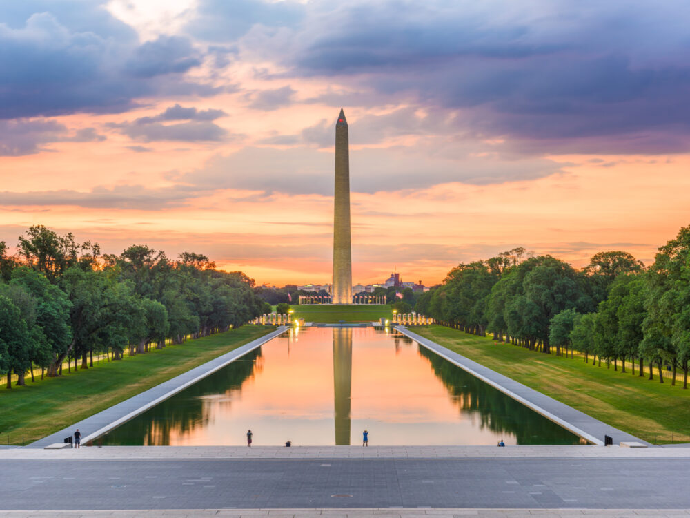Washington Monument, a proper American landmark, viewed at dusk from the end of the reflecting pool