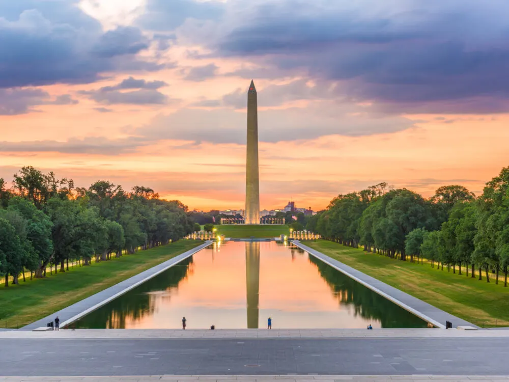 Washington Monument, a proper American landmark, viewed at dusk from the end of the reflecting pool