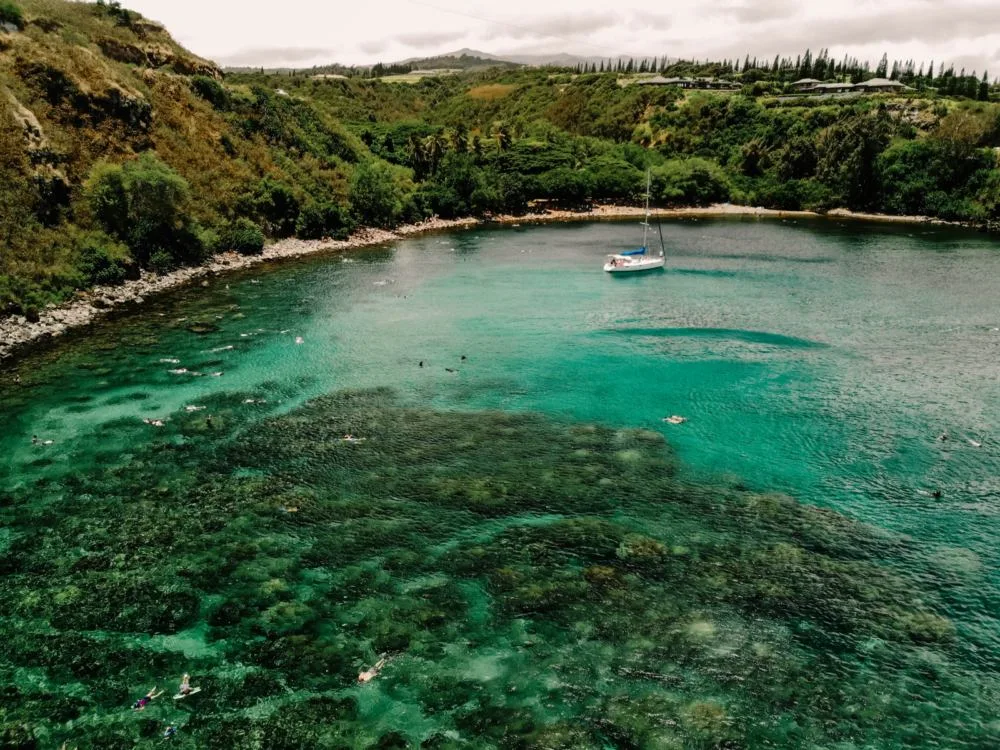 Coral reefs seen from an aerial view at the crystal clear waters at Honolua Bay, one of the best snorkeling spots in Hawaii, and several people snorkeling and a fishing boat hovering at the middle