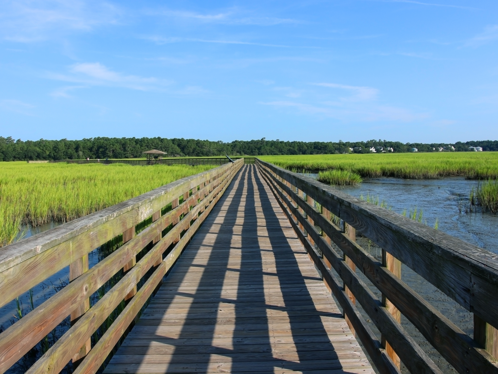 A long boardwalk over an expanse of salt marsh at Huntington Beach State Park, titled as one of the best South Carolina attractions, on a clear sunny morning 