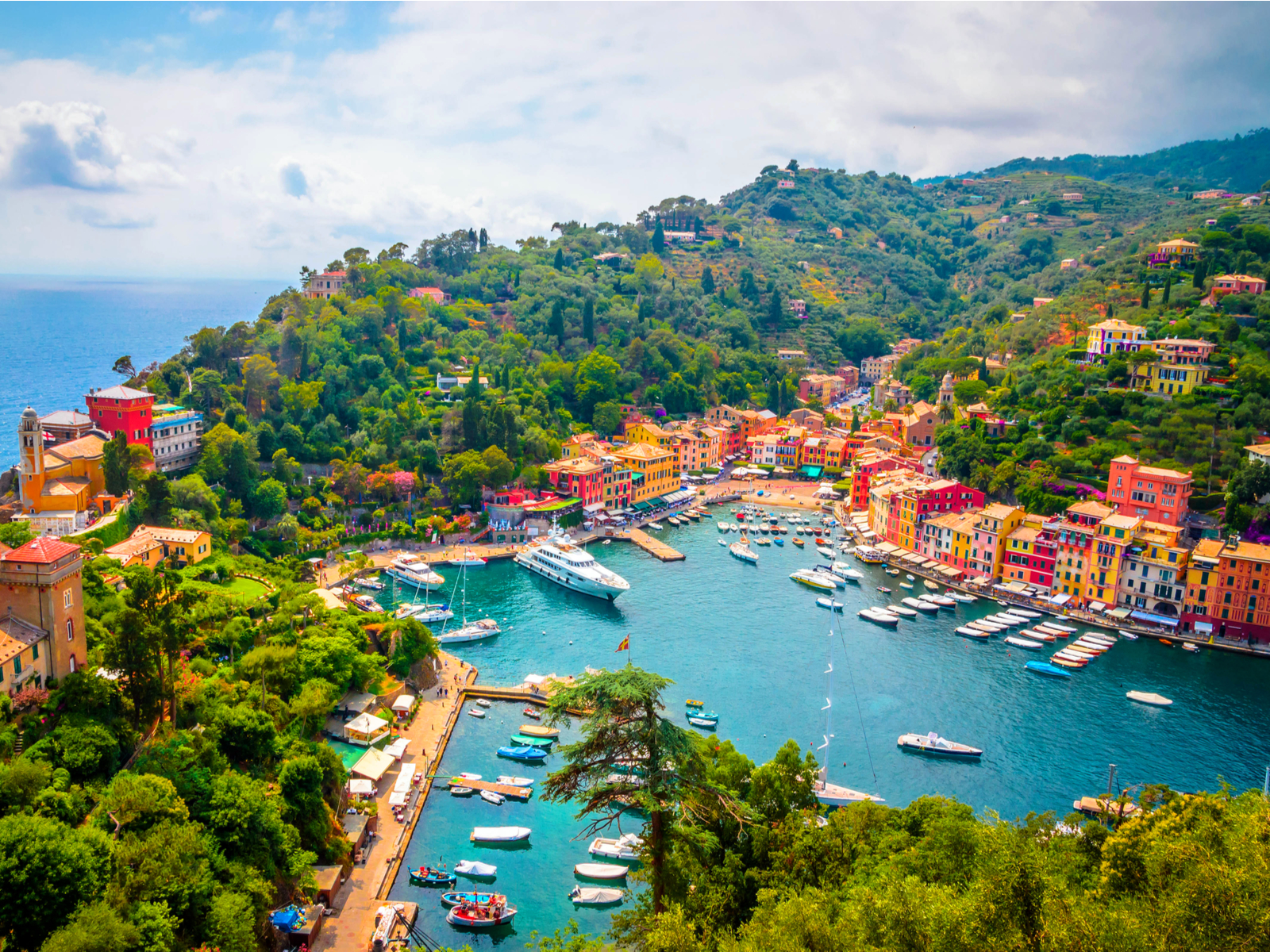 Aerial view of boats and homes in Portofino, one of the best places to visit in Italy