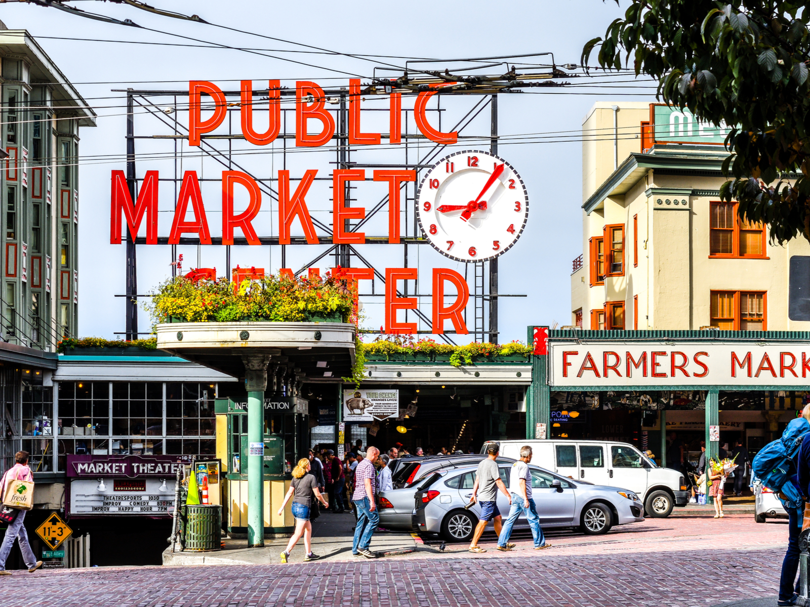 Exterior of the Pike Place Market, one of the best places to visit in Washington State, as seen in the middle of summer