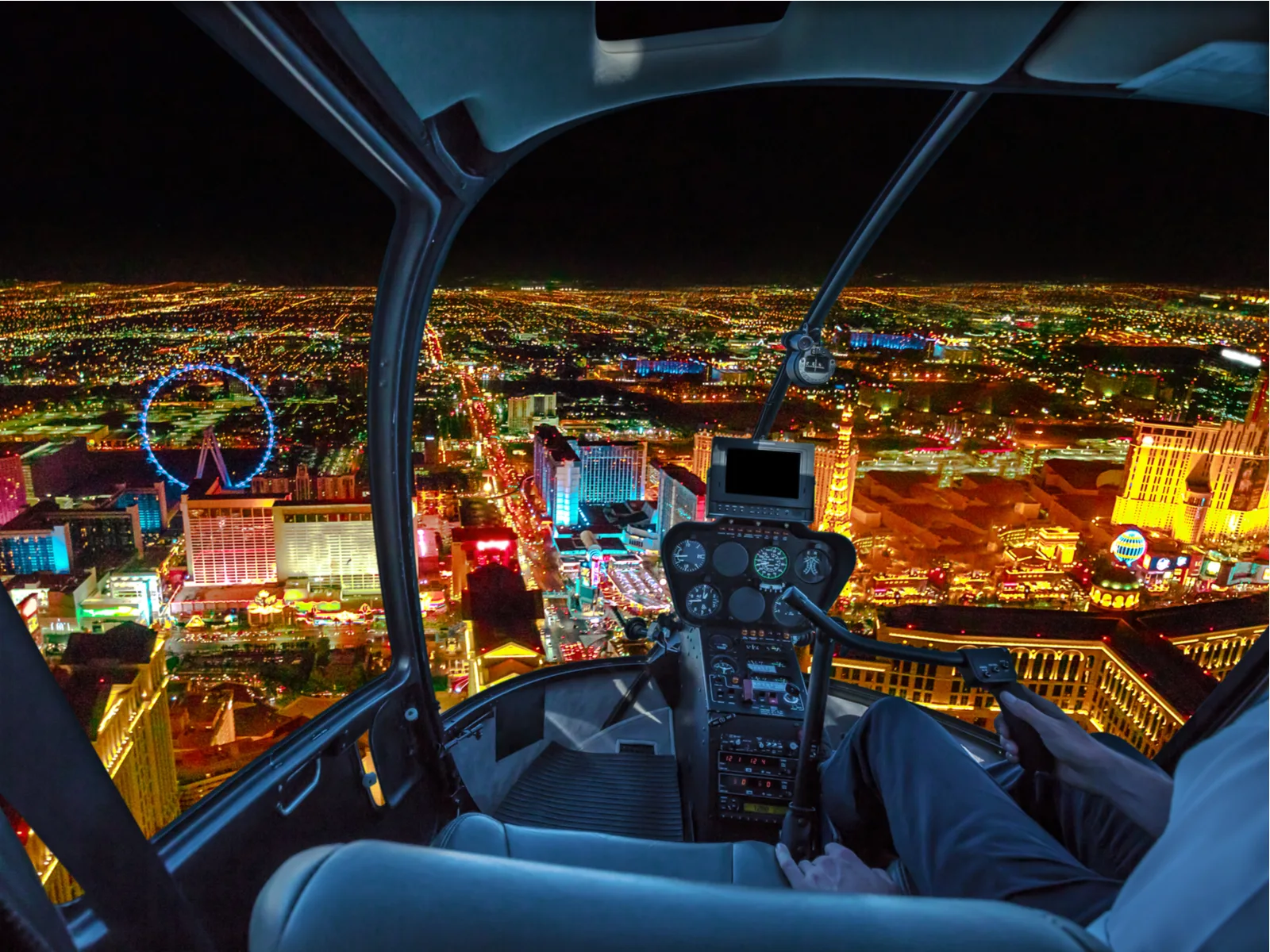 View of the skyline of Las Vegas, as viewed from a Robinson helicopter