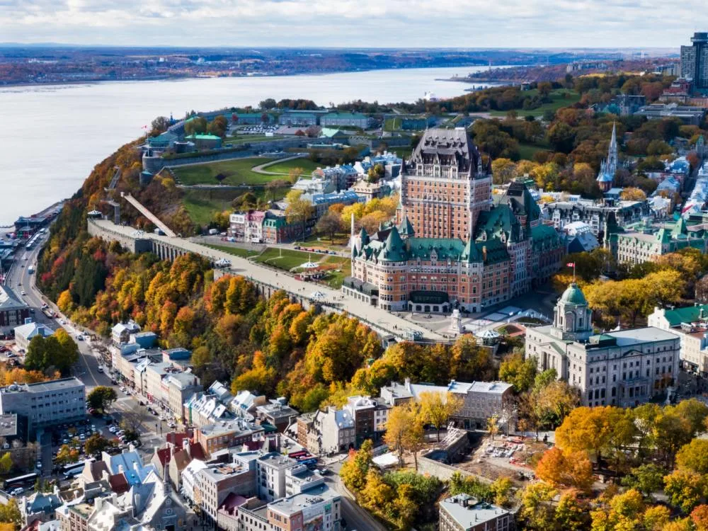 Aerial view on one of the best places to visit in Canada during an Autumn season, Old Quebec City with its historic Frontenac Castle