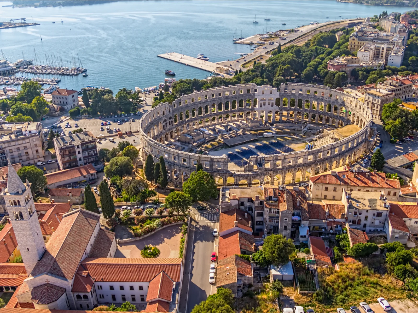 Pula, one of the best things to do in Croatia, viewed from the air