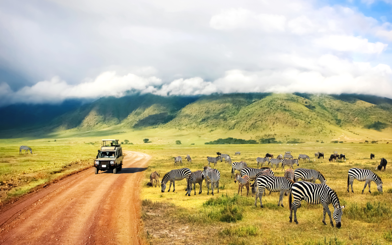Land rover taking folks on one of the best Safaris in Africa with clouds over the Ngorongoro Crater and zebras in the field