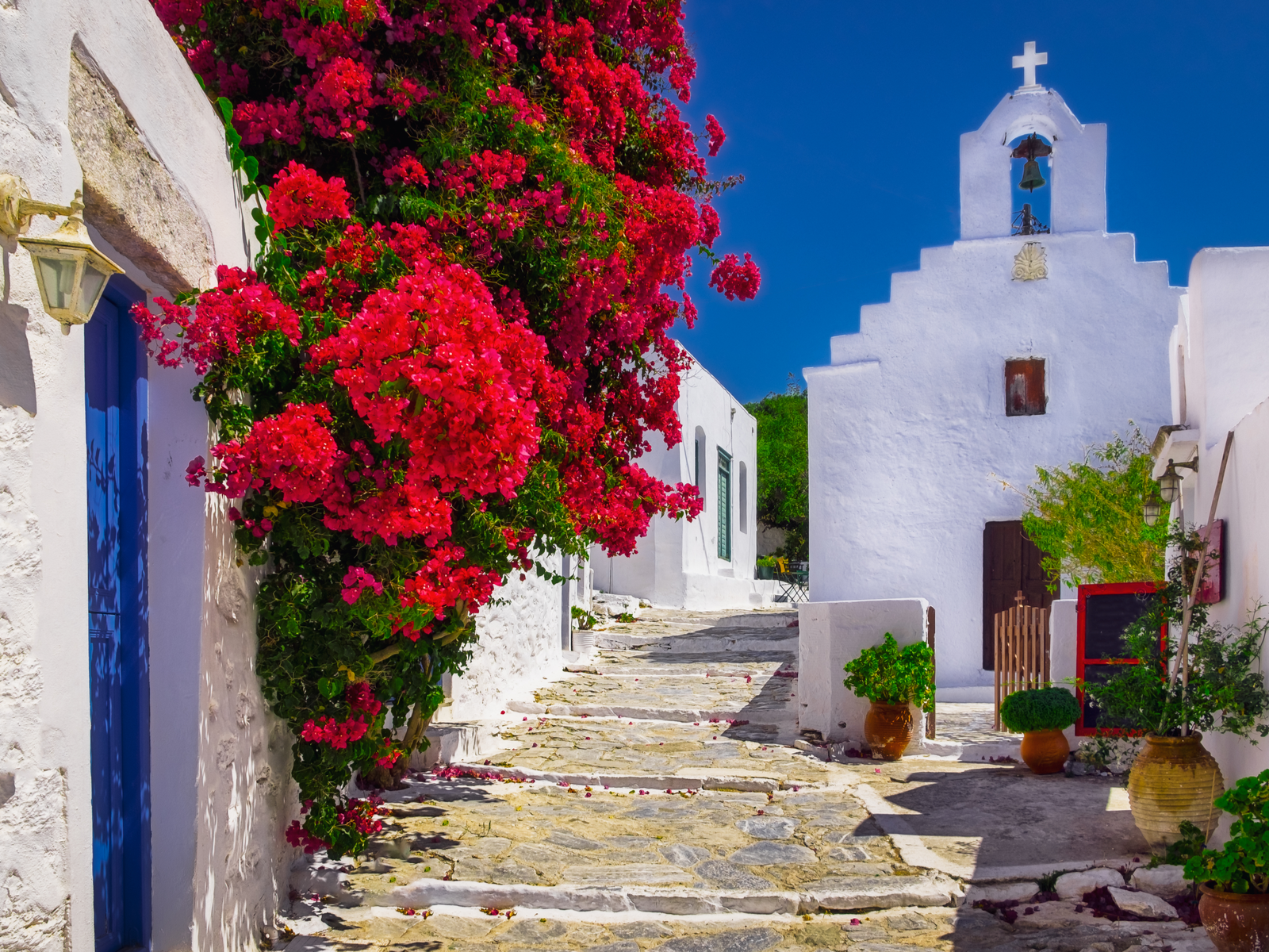 Bright red flowers on a wall at an alley and a small chapel at one of the best islands in Greece to visit, Amorgos Island
