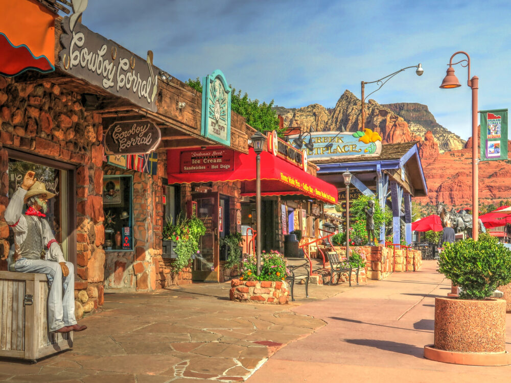 Image of Uptown, one of our top picks for Where to Stay in Sedona Arizona, on a lovely day with a red mountain in the background