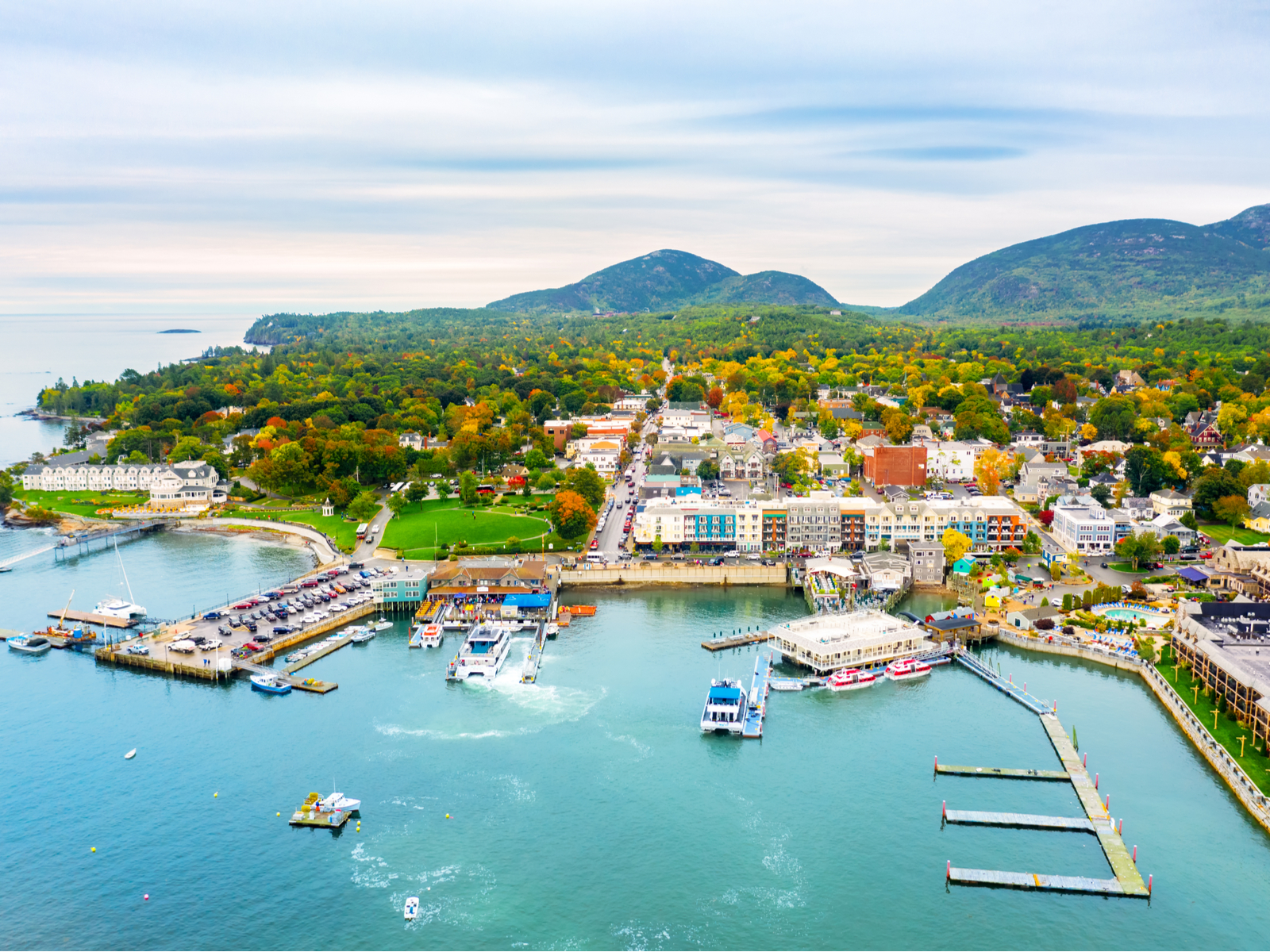 Aerial view of Bar Harbor Maine during the best time to visit, the Spring and Summer
