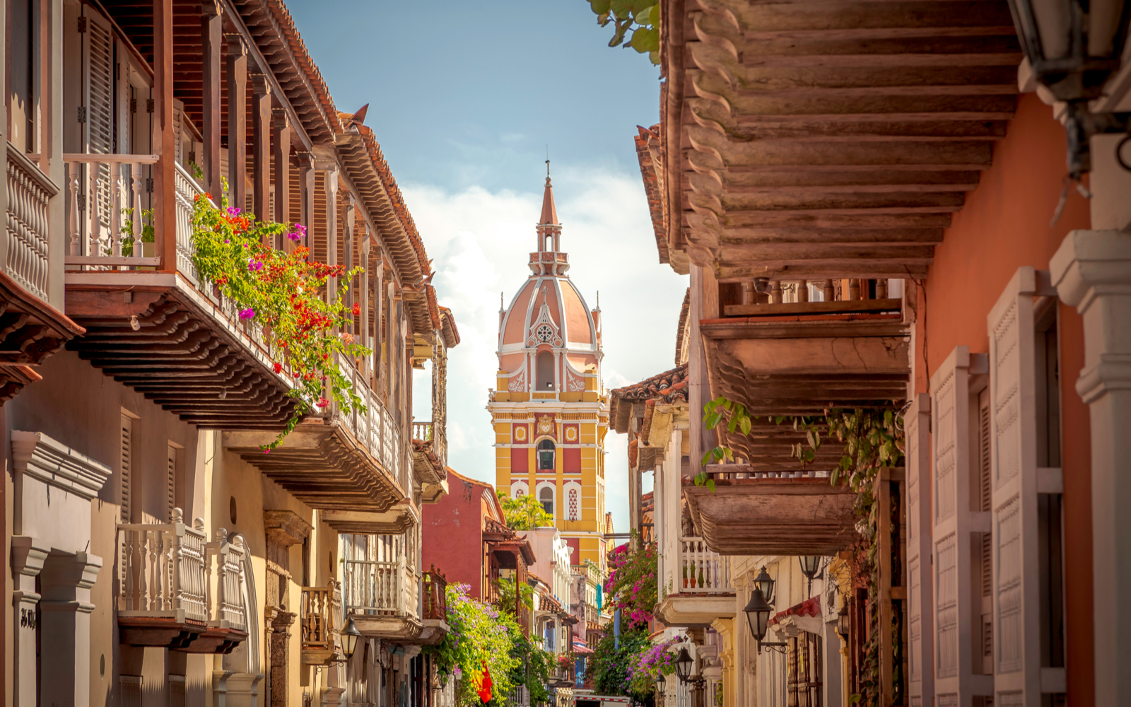 Neat alleyway view of Cartagena de Indias in the walled city during the best time to visit Colombia