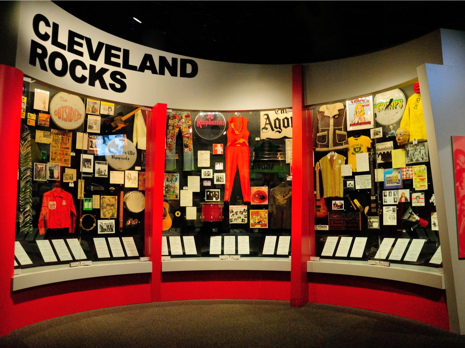 Clothes worn by famous rock artists, a piece on the best things to do in Ohio, exhibited in the Rock & Roll Hall of Fame in Cleveland, Ohio