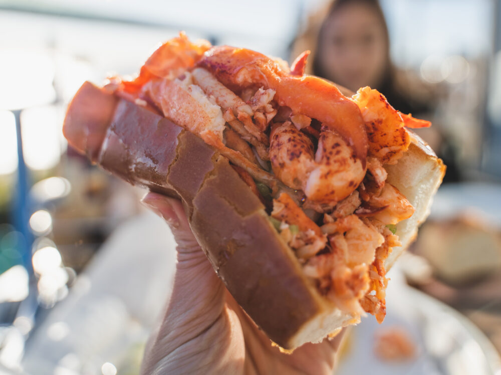 Lobster roll being held by a woman in Maine