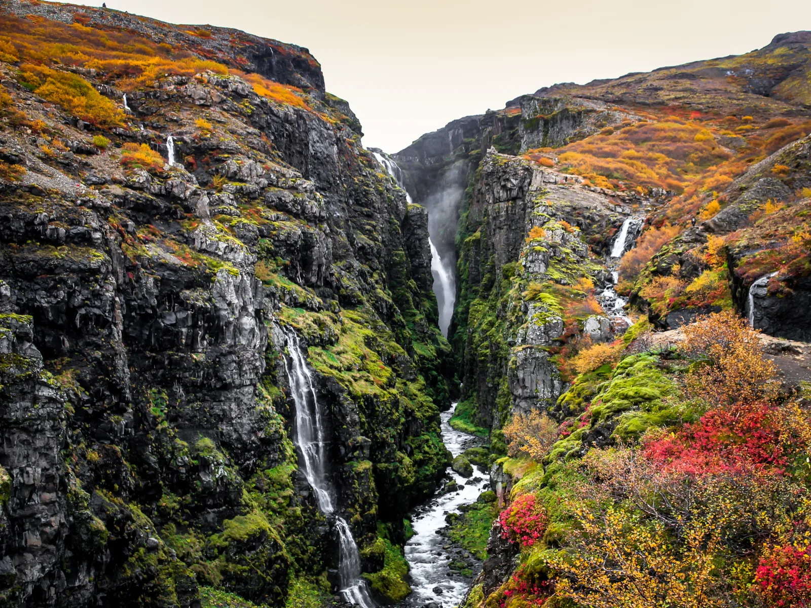 Glymur Waterfall hike, one of the best in Iceland, featuring lots of dark rocks with light green moss