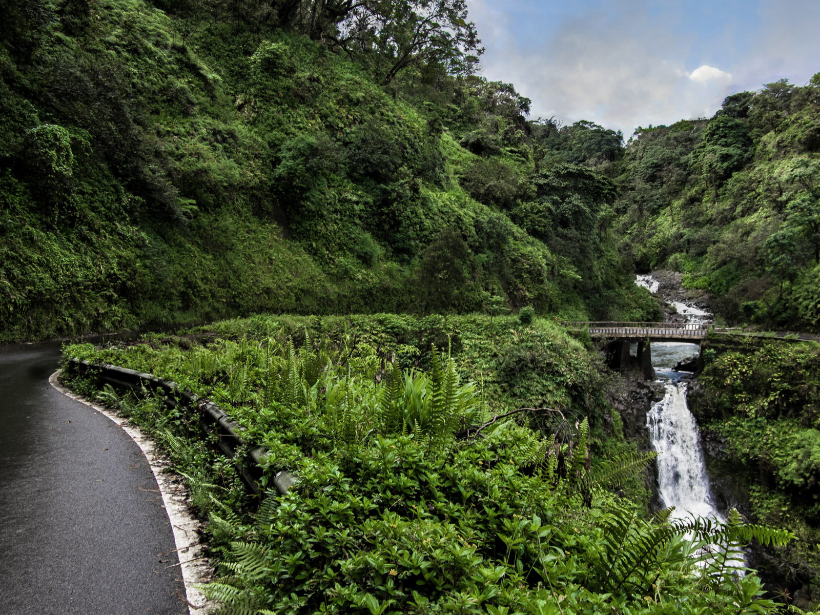 One of the best things to do in Maui, the Road to Hana where the street turns into a one lane road over a bridge