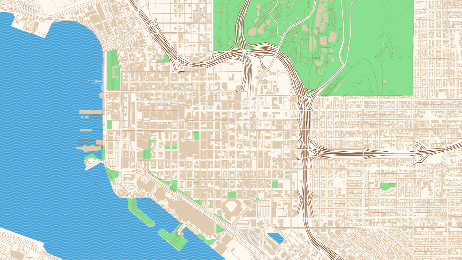 Vector image of a map in San Diego showing the best places to stay