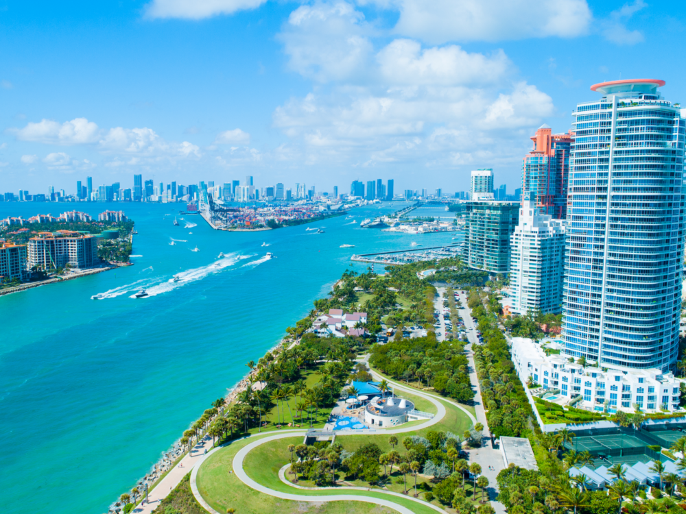 Aerial view of South Pointe Park, featuring several of the best hotels in Miami