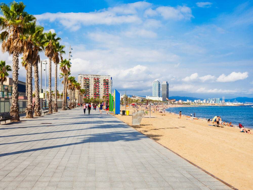 Playa de la Barceloneta, one of the best parts of Barcelona, as viewed from the walking path