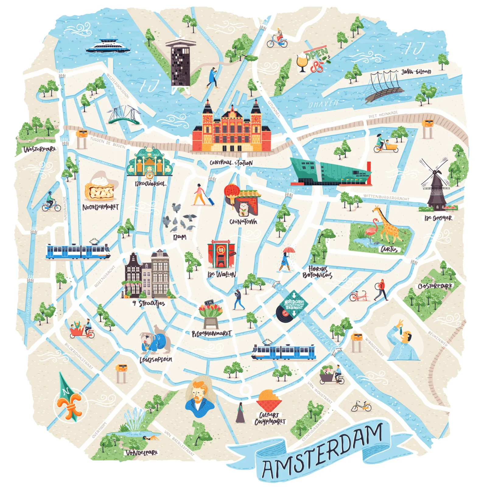 Amsterdam illustrated map showing the best places to stay in Amsterdam