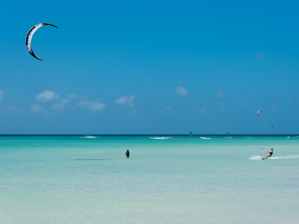 Several people Kiteboarding at the perfect spot for windsurfing and kitesurfing in one of the best beaches in Aruba, Hadicurari Beach during a bright sunny day