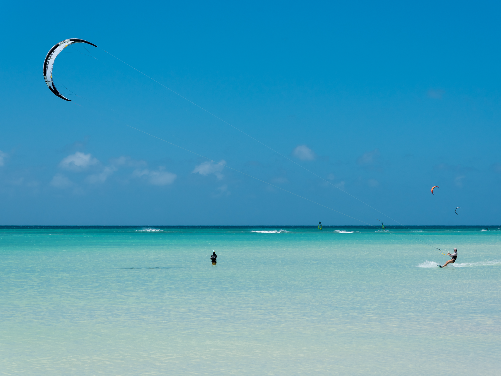 Several people Kiteboarding at the perfect spot for windsurfing and kitesurfing in one of the best beaches in Aruba, Hadicurari Beach during a bright sunny day