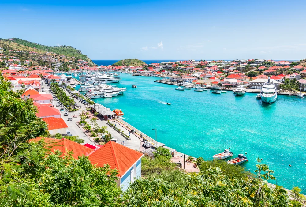 Aerial photo of Gustavia Harbor in St. Barts, one of our picks for the safest islands in the Caribbean
