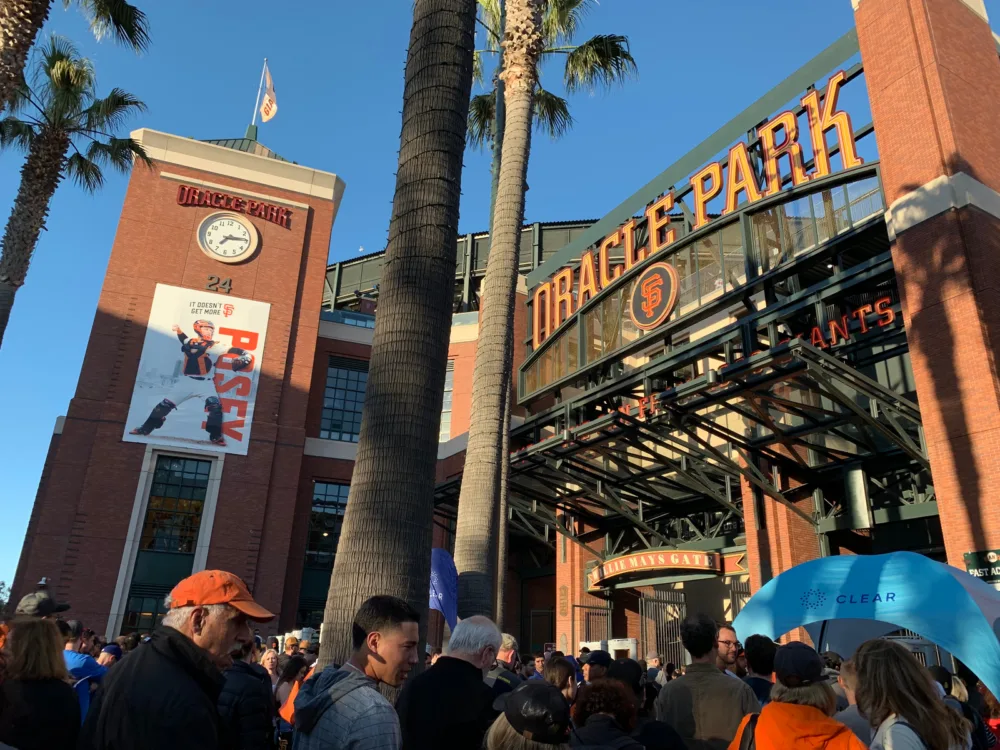 A crowd gathered at the entrance of Oracle Park, known as one of the best places to visit in San Francisco, waiting admission for the game night