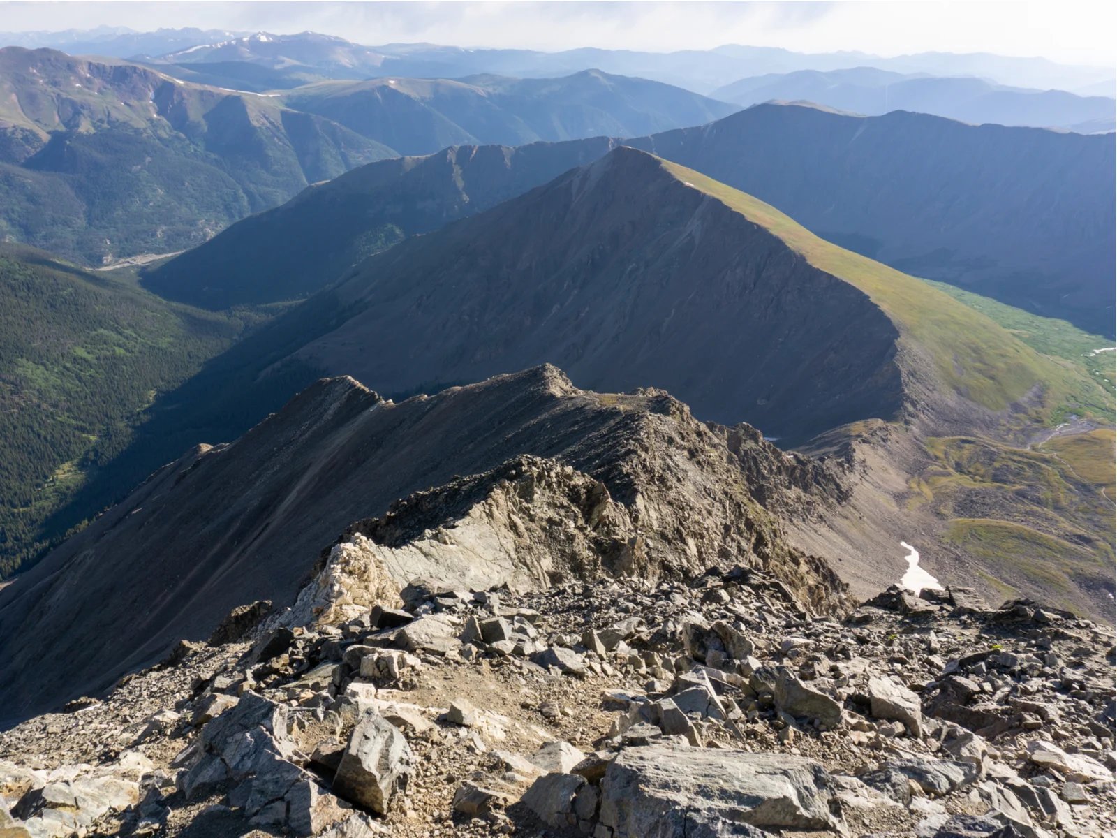 Aerial view of a skyline and Kelso Ridge from summit of Torrey's Peak, one of the tallest and the best hikes near Denver