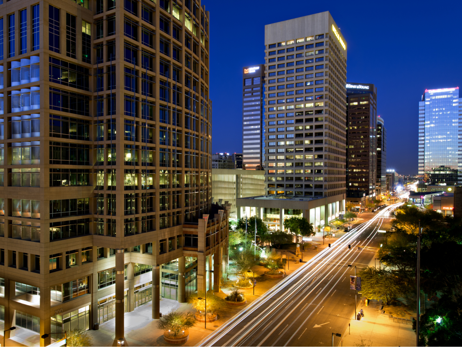 The downtown area pictured at night, one of the best things to do in Phoenix Arizona